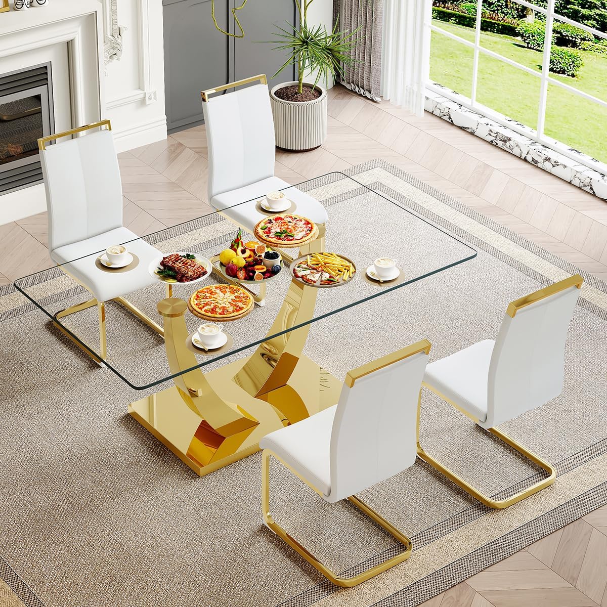 63'' Glass Dining Table Set for 4, Dining Room Table Set for 4, Dining Table with Stainless Steel Leg and Base, PU Dining Chairs (C Style: Glass Gold Table + White Chair, 63'' Table * 4 Chairs)