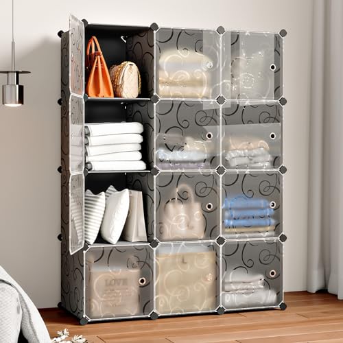 MAGINELS 12 Cube Storage Organizer,Portable Clothes Storage Cabinet. Large Plastic Clothing Storage Shelf,DIY Stackable Cubby Storage Unit for Bedroom,Studyroom,Closet Cabinet,Black(14×14 inch)