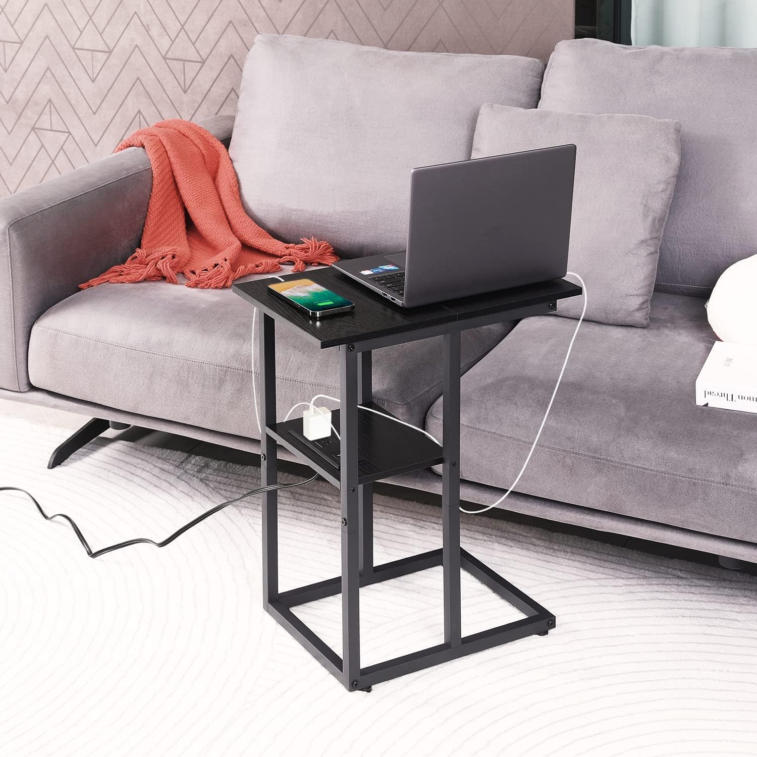 Nightstands Set of 2 with Charging Station, Night Stand with 20 Colors LED Lights and Drawer, Side Table with Charging Station Set of 2 - Small C Table Narrow End Table