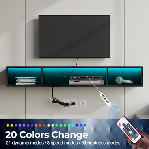 Rolanstar TV Stand with Power Outlet, Floating TV Stand with RGB Lights, 47.2