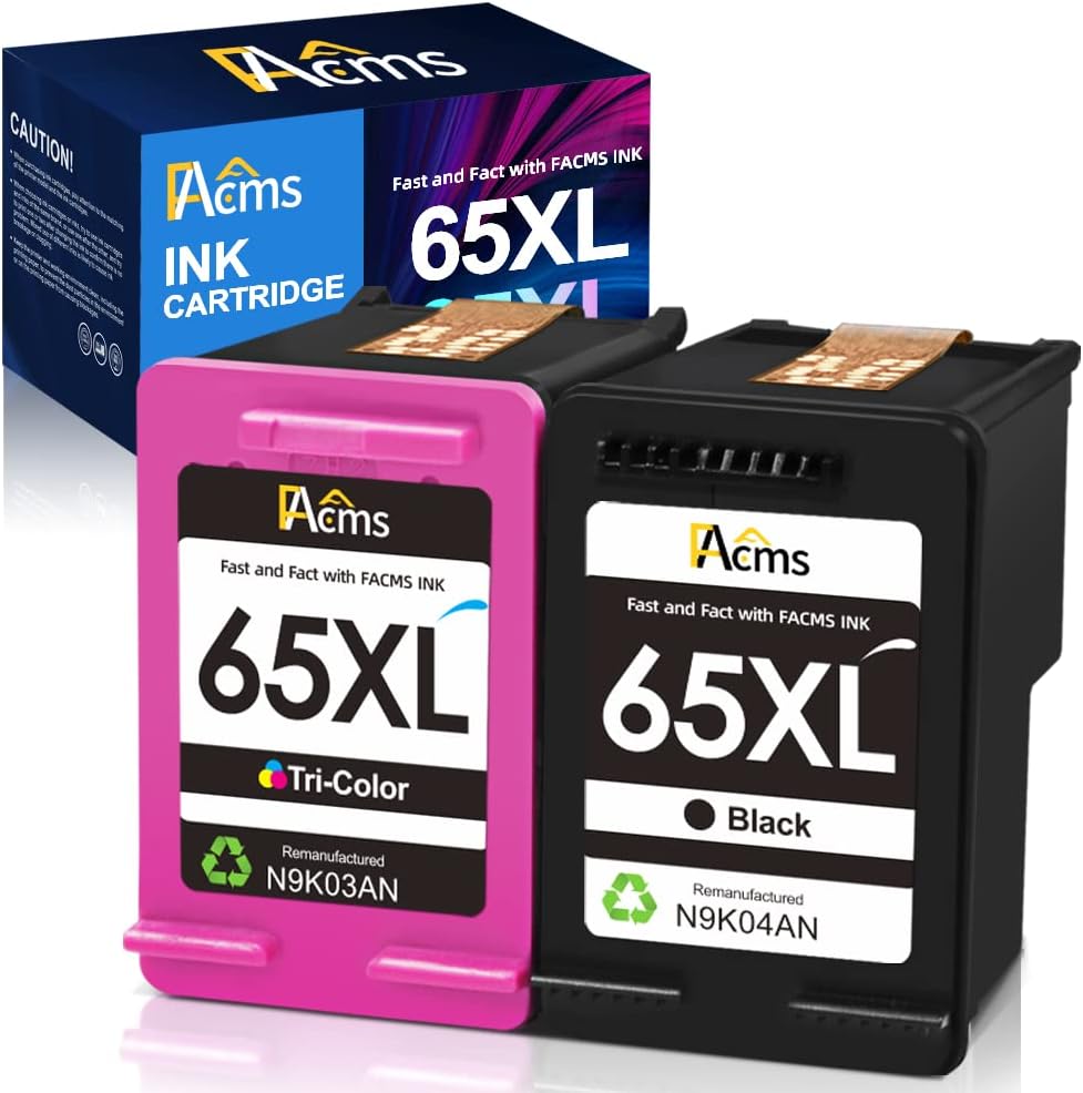 Remanufactured Ink Cartridges Replacement for HP 65XL 65 XL Ink Cartridge for Envy 5055 5052 5058 DeskJet 3755 2652 2655 3722 3723 3752 3758 3730 3720 3700 2622 2655 Printer (1 Black, 1 Color)