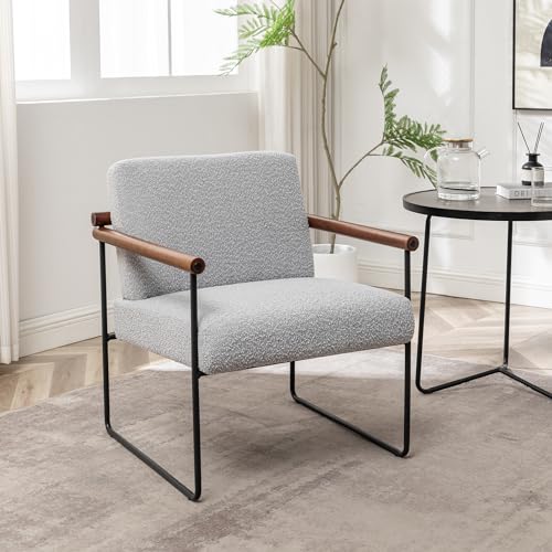 Boucle Accent Chair with Round Wood Arms, Comfy Upholstered Arm Chair with Metal Frames, Mid Century Modern Chair for Living Room, Bedroom, Beige
