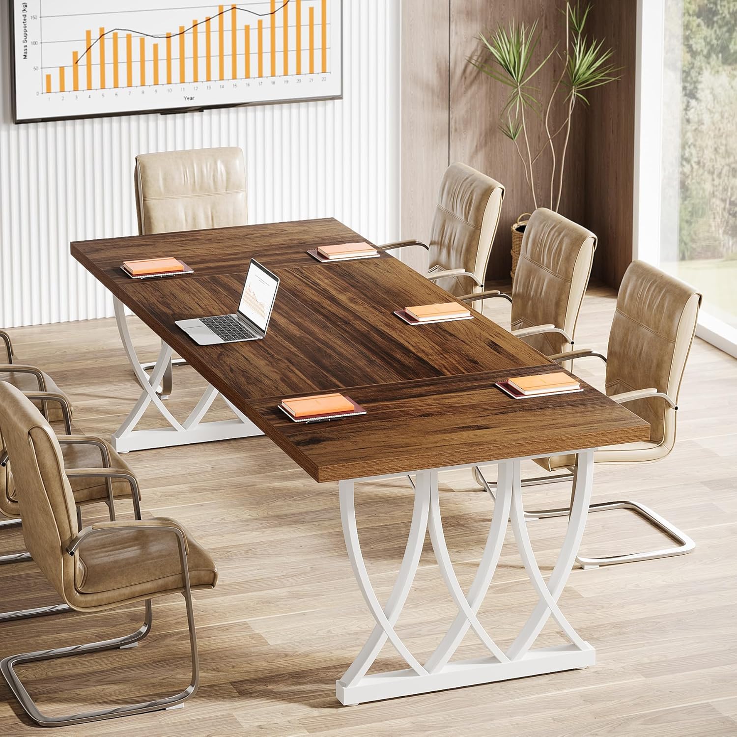 Tribesigns 6 ft Conference Table for 6-8 People, 70.86-Inch Rectangle Conference Table Meeting Seminar Table with Unique Curved Metal Support for Home Office (Retro Brown & White, Without Chair)