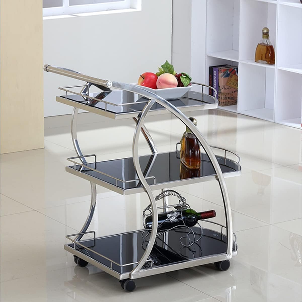 3-Tier Serving Cart for Wine Drinks Tea,Storage Trolley On Wheels,Glass Shelves Space-Saving Trolley for Dining Room Hotel KTV
