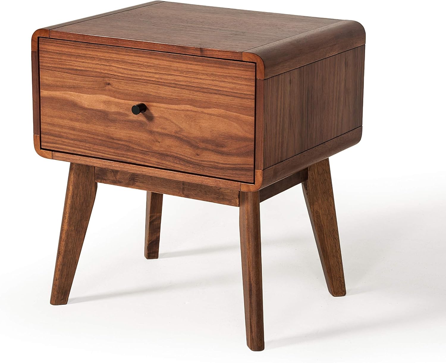 Erin Collection Mid-Century Style Bedroom Veneer Finished 1 Drawer Nightstand With Solid Rubberwood Legs, Walnut