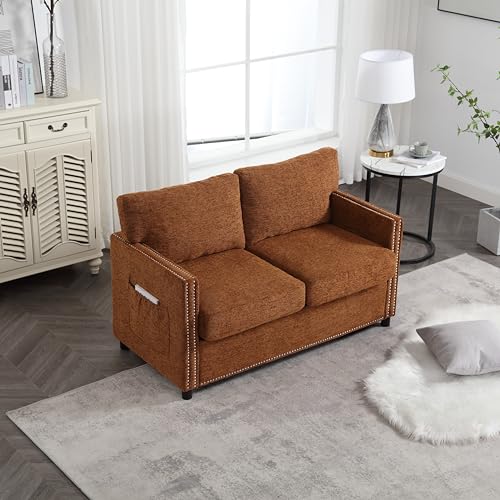 Modern Chenille Loveseat Sofa Couch, Fabric Upholstered 2 Seater Sofa, Modern Comfy Couch with Side Pockets for Small Spaces, Dorm, Bedroom, Apartment, Office (Blue)