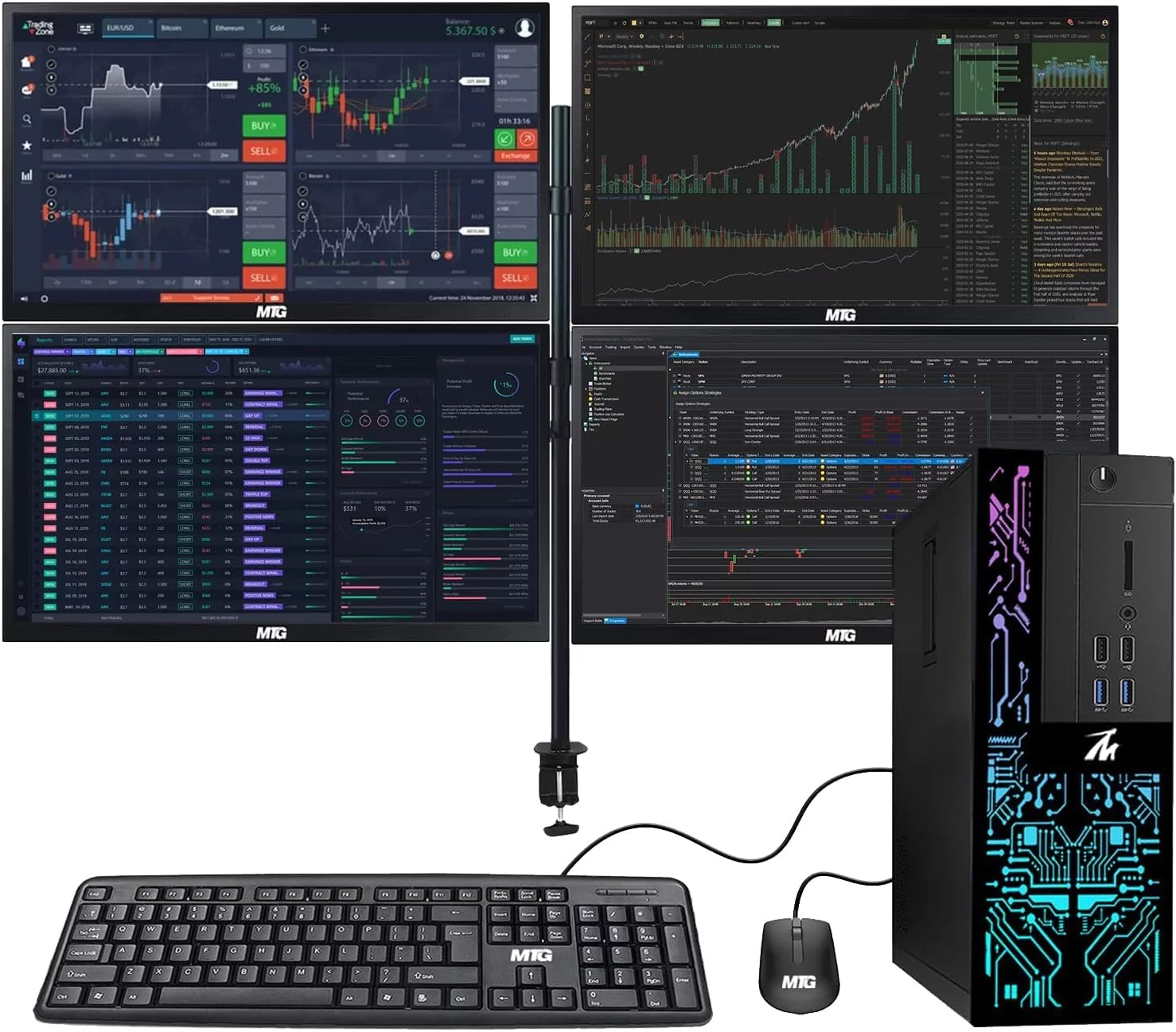 Restored Trading Desktop PC TechMagnet Siwa 6 Intel Core i5-6500, 16GB RAM, 120GB SSD, 2TB HDD, 4 New 27” LED Monitors, 2 Network Cards, Trading Platform Support, MTG Keyboard & Mouse Win 10 Pro (Refurbished)