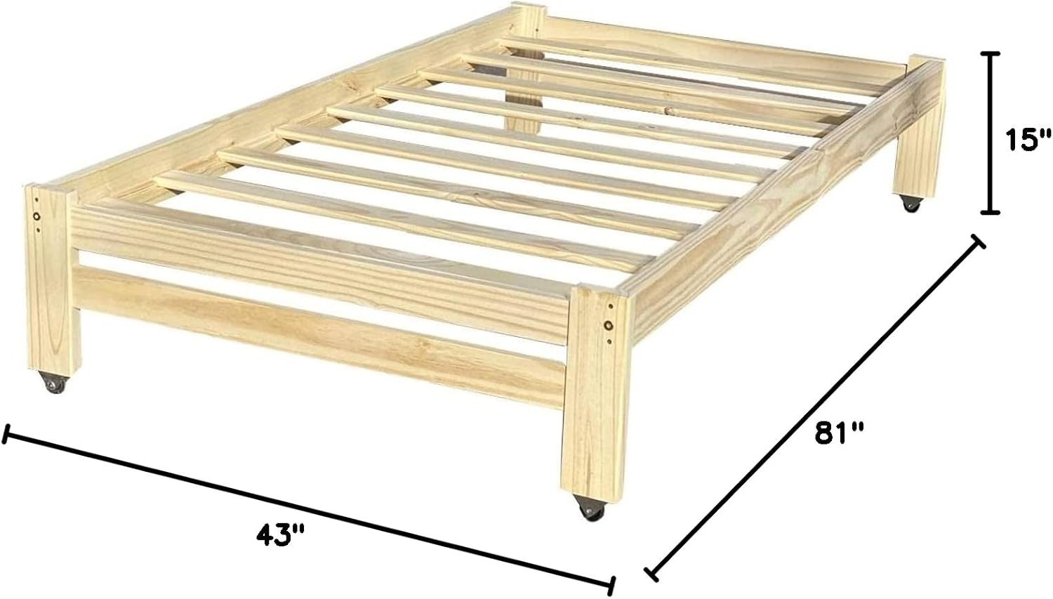 Twin Unfinished Solid Wood Platform Bed Frame with Casters Wheels