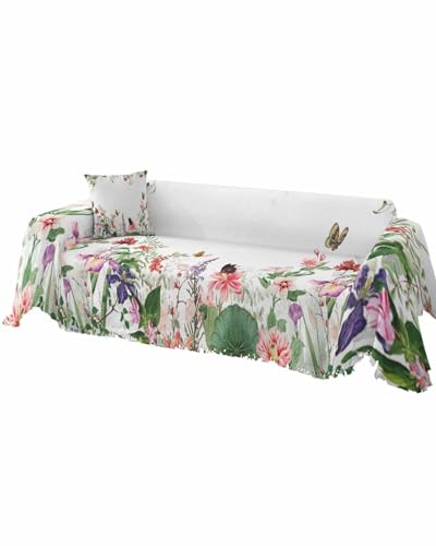 Couch Covers for Cushion Sofa, Spring Floral Sofa Protector for 2 Cushion Couch Dog Seat Cover, Watercolor Elegant Botanical Butterfly Tassel Sofa Covers for Sectional Slipcovers, L-71