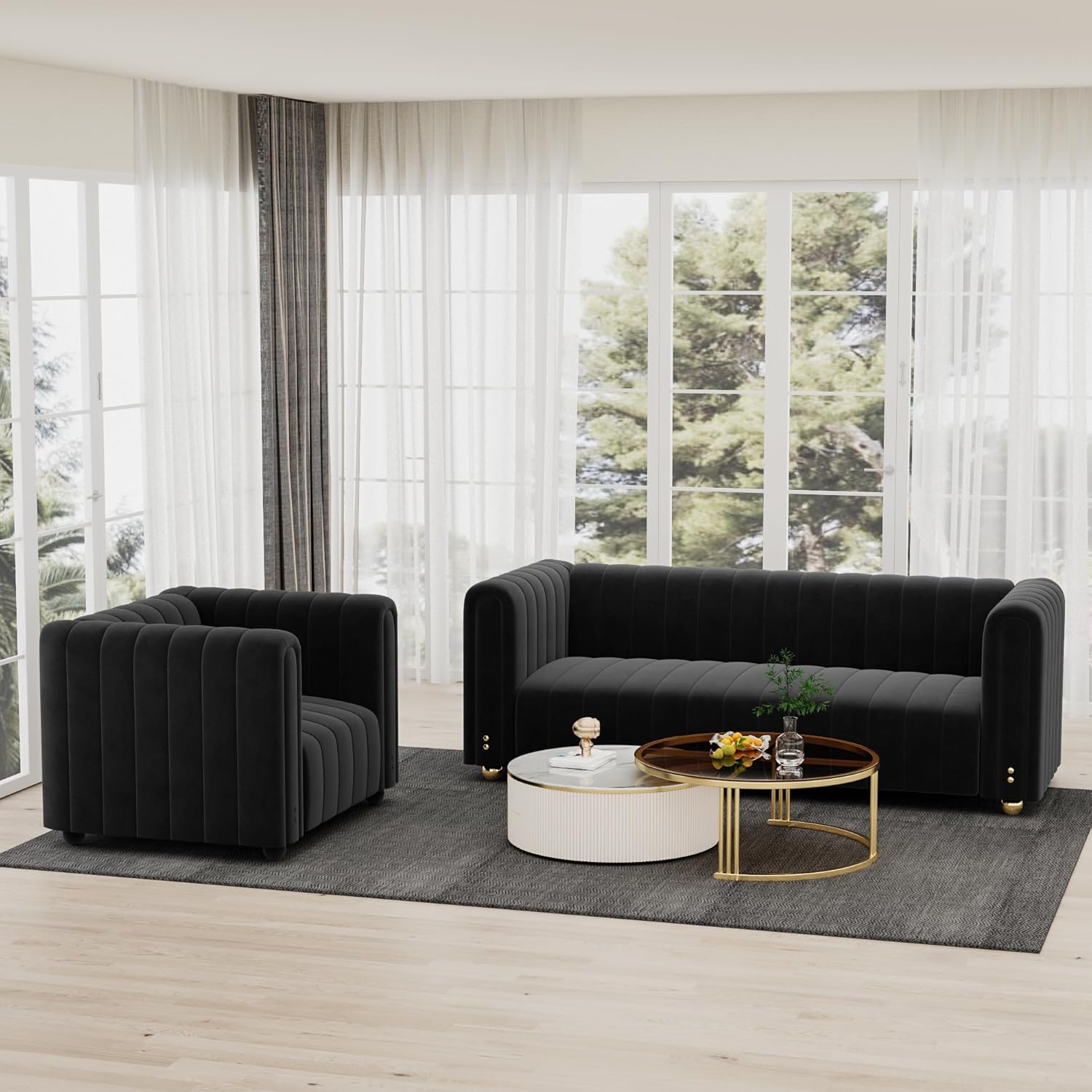 Black Velvet sofa Set for living room, Modern Accent Chair+3 People Couch Set, Upholstered Soft Comfortable Furniture Sets with Metal Legs & Eucalyptus Frame Reading Chair for Bedroom Office Relaxing