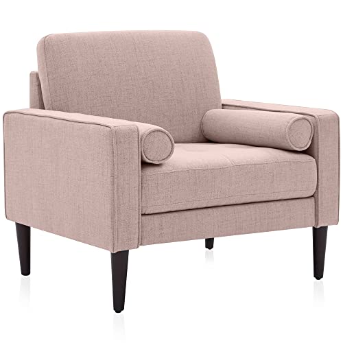 BELLEZE Mid Century Modern Accent Chair, Upholstered Oversized Living Room Chair Armchair Comfy Linen Reading Chair for Adults Sofa Chair for Bedroom Office - Erik (White)