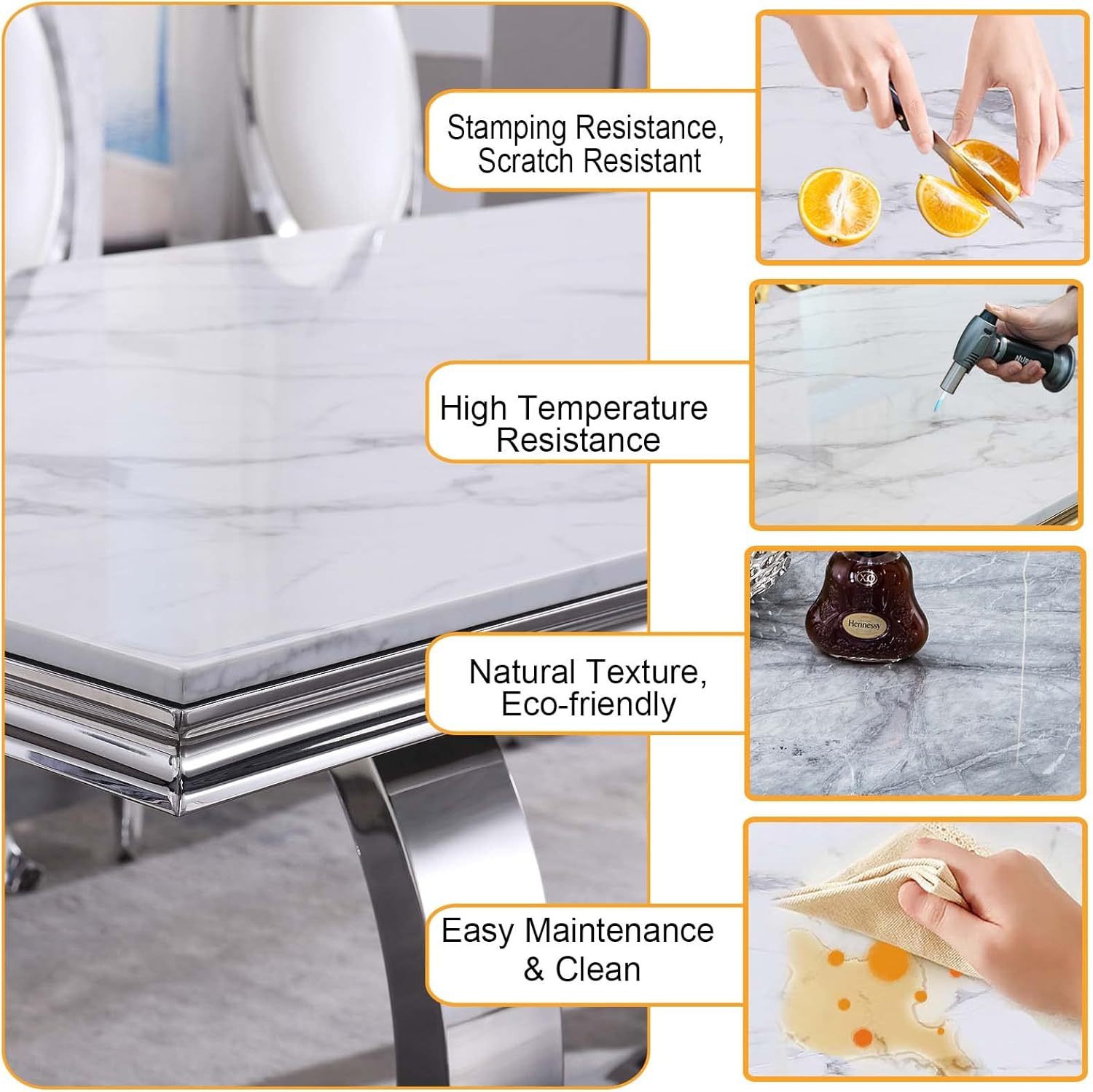 Henf Luxury Dining Table Set for 6, 7 Piece Faux Marble Kitchen Dining Room Table and 6 White PU Leather Upholstered Chairs w/Stainless Steel Legs, Modern Marble Kitchen Dining Table and Chairs Set