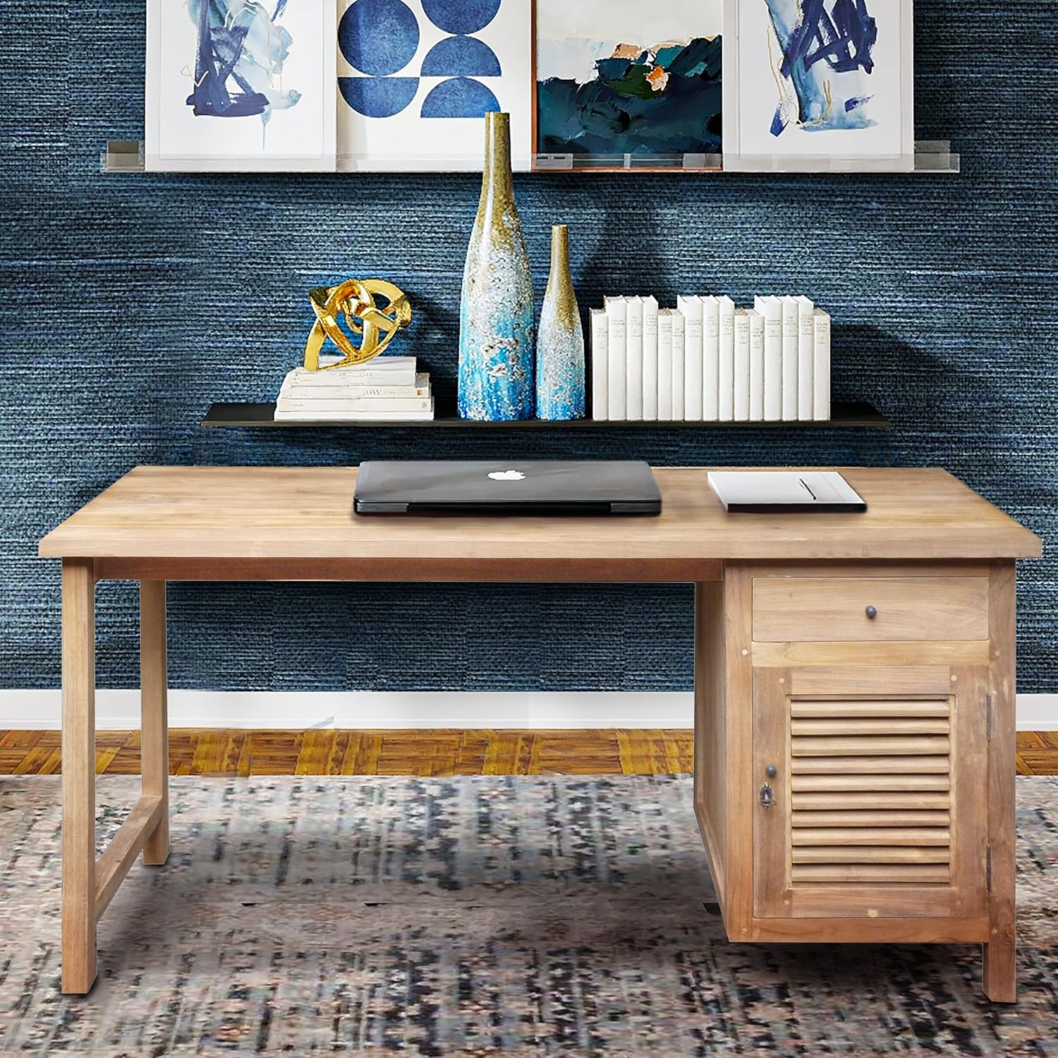 Recycled Teak Wood Louvre Writing Desk with 1 Door & Drawer