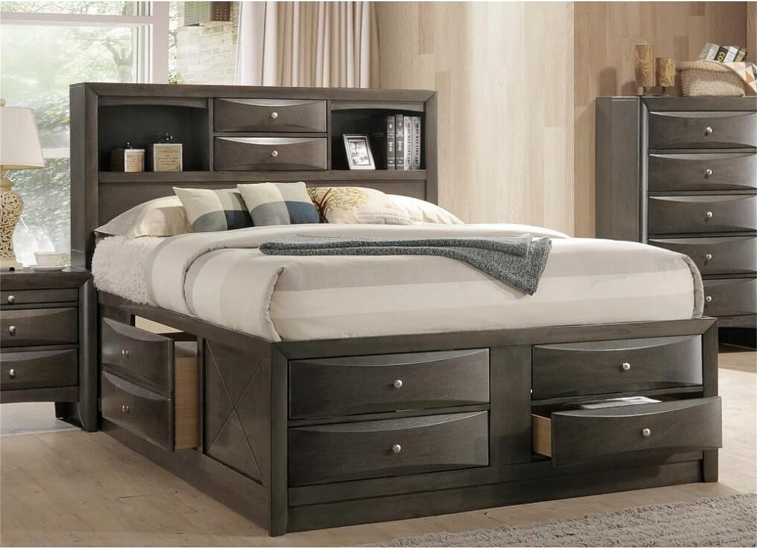 Solid Wood Queen Size Platform Bed with Storage Headboard, Thicken Bed Frame with Multi-Drawers & Bookcase, No Box Spring Needed, Oak