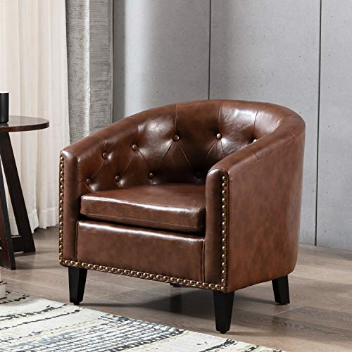 Knocbel Modern Faux Leather/Linen Fabric Chair, Sofa Single Chair Armchair with Copper Nail Trim, Button Tufted & Solid Wood Frame, 250lbs Capacity, 28.3