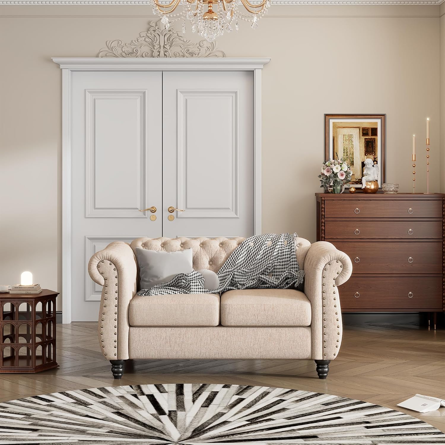 Furniture Comfy Couch Modern Plush Upholstered Sofa - Buttoned Tufted Backrest, Solid Wood Legs - Beige, 60