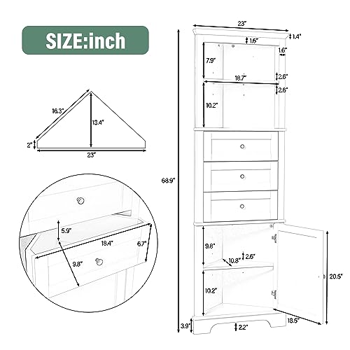 Triangle Tall Corner Cabinet Drawers and Adjustable Shelves Tall Hutch Corner Bar Cabinet with Door for Kitchen Green