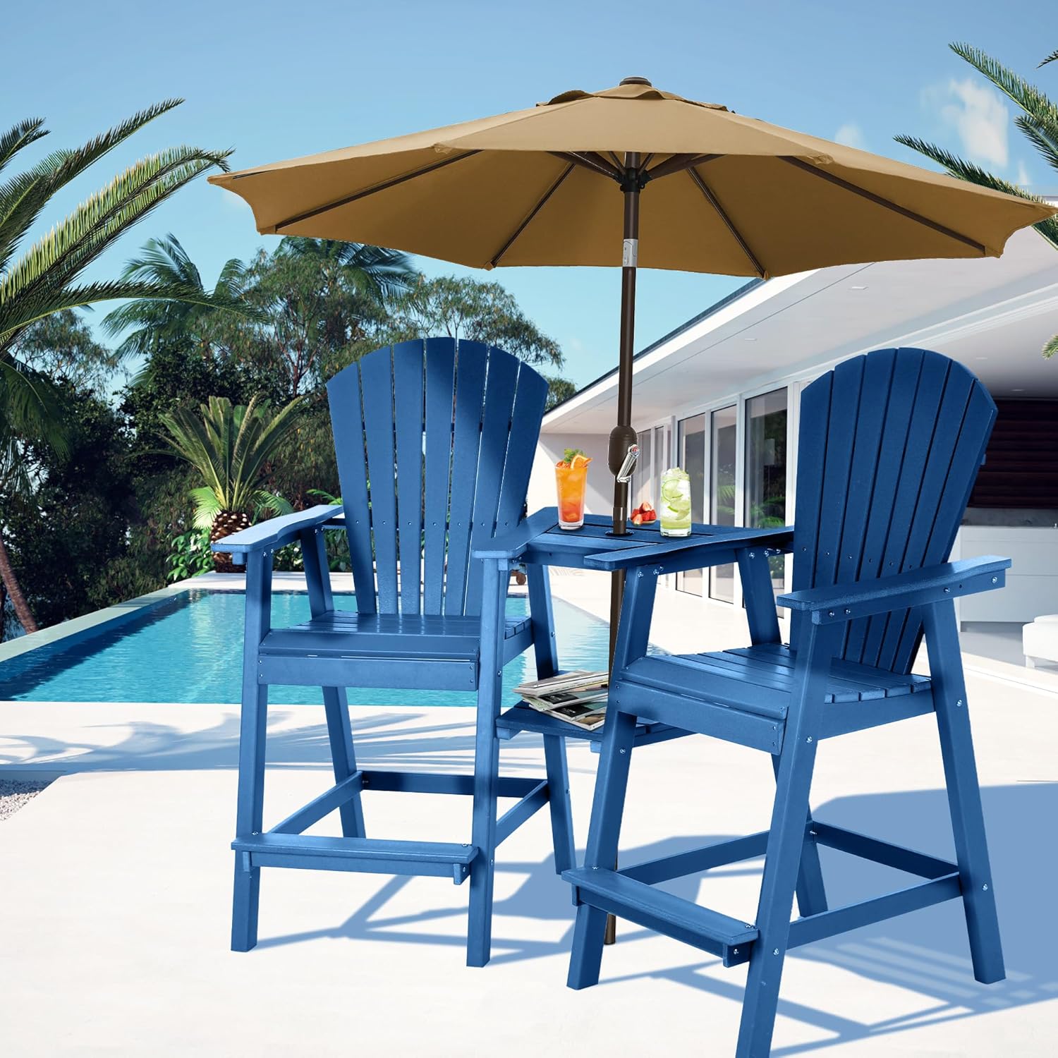 Tall Adirondack Chair Set of 2,HDPE Balcony Chair with Double Connecting Tray,Adirondack Bar Stools Weather Resistant Poly Deck Chairs for Patio Backyard Poolside 360LBS Capacity Blue