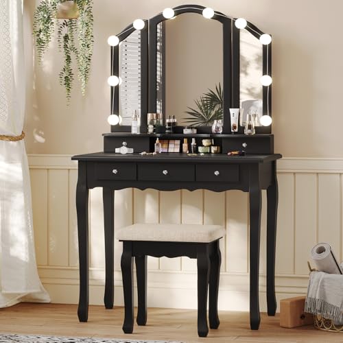 Tiptiper Vanity Desk with Tri-Fold Mirror and Lights, Makeup Vanity with Wood Upholstered Stool, Vanity Table with 5 Drawers & 8 Jewelry Hooks, Small Vanity, Pink