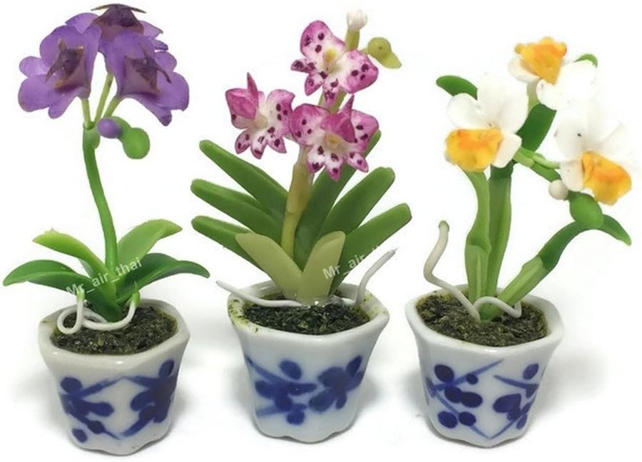 3pc Miniature Flower Clay Dollhouse Fairy Garden Mini Plant Trees Ceramic Paint Furniture Bundles Artificial Flowers Tiny Orchid #080