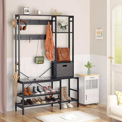 Meilocar Parent-Child Hall Tree with Bench and Shoe Storage, Coat Racks Free Standing, 5-in-1 Hall Tree with Hanging Rod and Hooks for Entrance, Foyer, Mudroom (Gray)