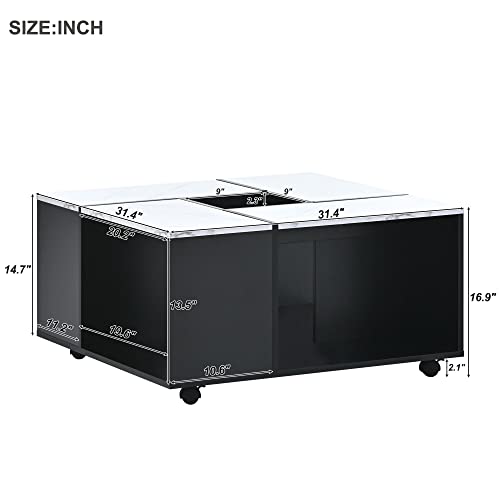 NicBex Coffee Tables Modern 2-Layer Coffee Table with Casters, Square Cocktail Table with Removable Tray Contemporary Marble Design Center Table for Living Room, White+Black