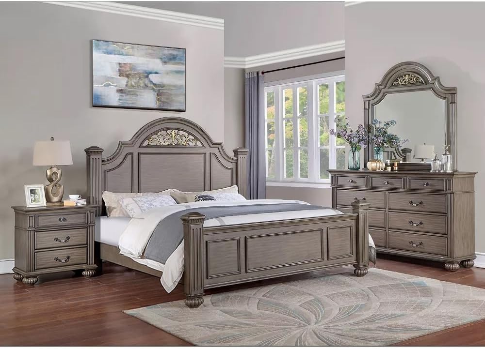 4 Piece Wooden Queen Size Bedroom Set, Grey
