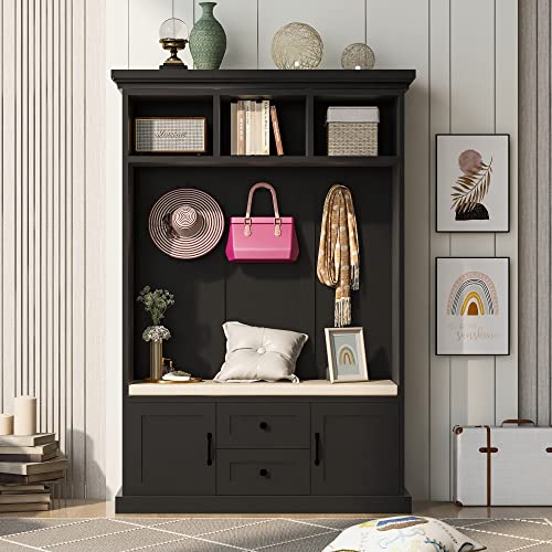 Merax Hall Tree with 4 Hooks and Hinged Lid, Coat Hanger, Entryway Bench, Storage Bench, 3-in-1 Design, for Entrance, Hallway (White, with Drawers)