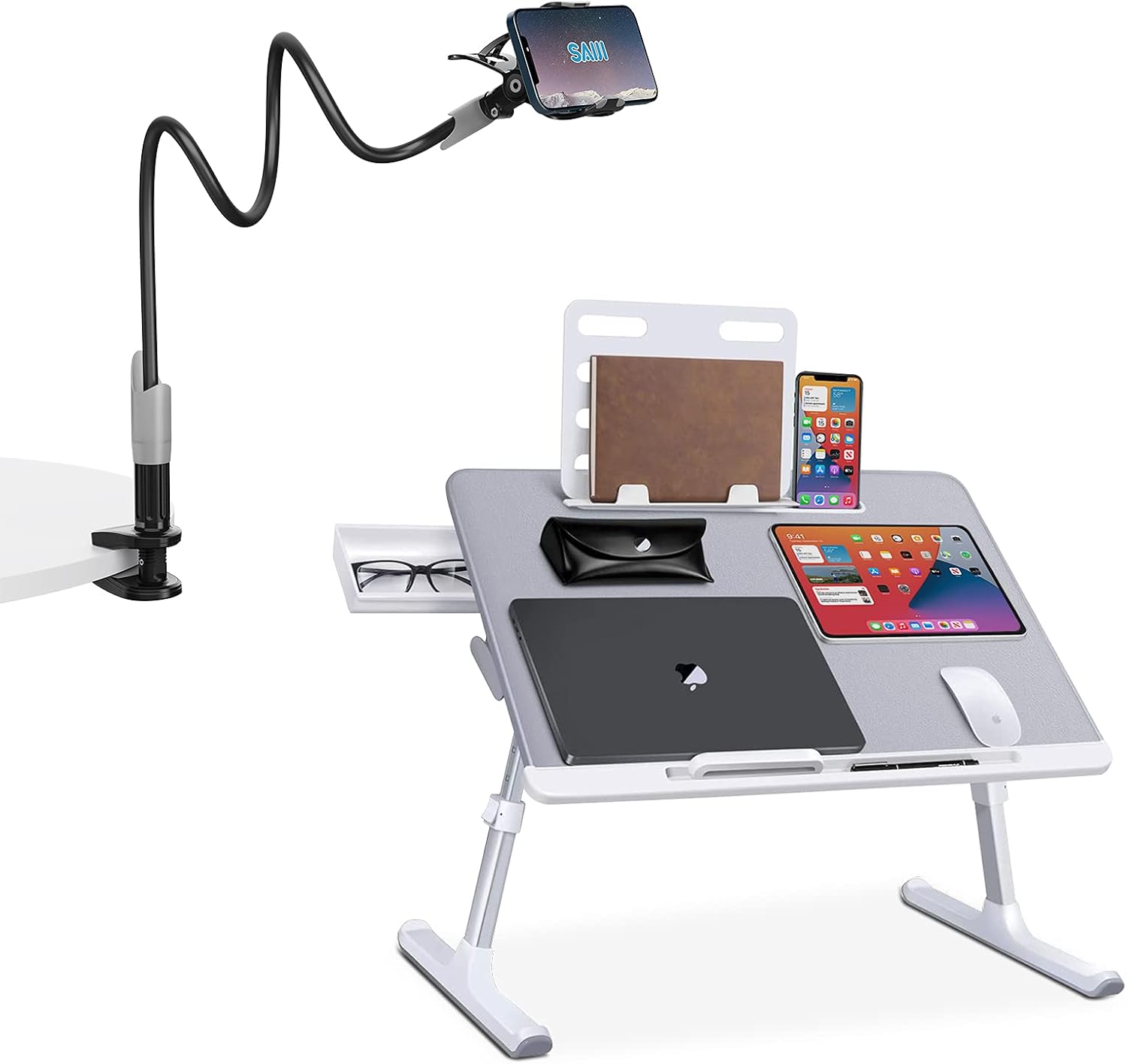 Laptop Bed Tray Desk, SAIJI Adjustable Laptop Stand for Bed,Foldable Laptop Table(Gray, X-Large)&Saiji Gooseneck Cell Phone HolderClamp Universal Lazy Mount Clip (Black)