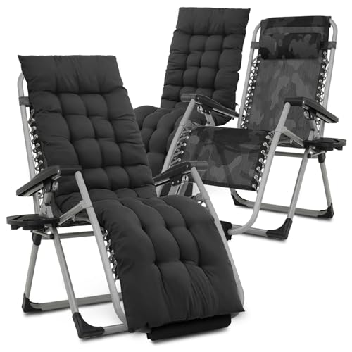 MoNiBloom Zero Gravity Lounge Chairs Set of 2 with Cushion, Padded Patio Anti Gravity Recliner, Foldable Outdoor Lounger with Cup Holder Tray, Headrest and Footrest for Beach Camping