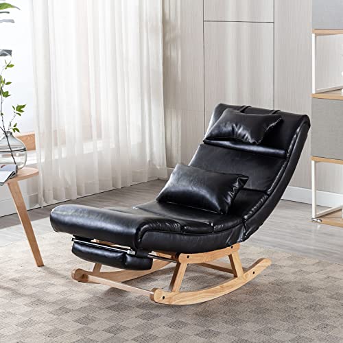 Rocking Chair Nursery, PU Leather Upholstered Rocker Recliner Chair with Pillows & Foot Rest, Armless Lounge Chairs Nursing Glider for Living Room Bedroom Office (PU, Black)