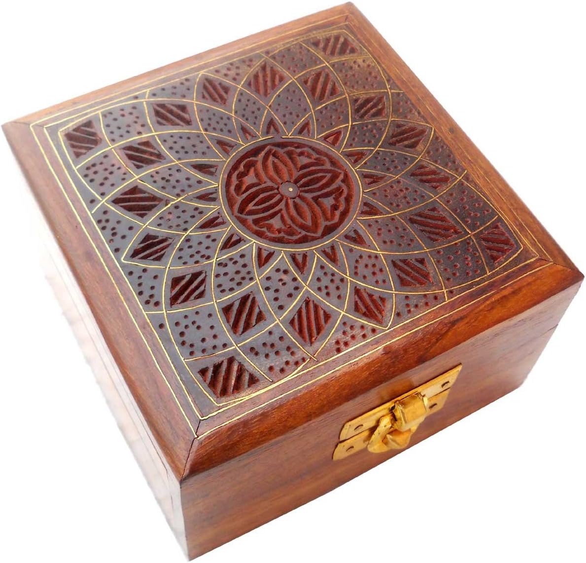 Sheesham Wood Artisan Crafted Indian Jewelry Box with Brass Inlay - Size 4