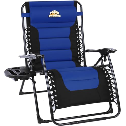 XL Oversized Zero Gravity Chair, Fully Padded Adjustable Anti Gravity Reclining Lounge Chairs with Cup Holder Folding Recliner for Beach,Camping,Lawn,Patio,Outdoor, Support 300 LBS（Blue）