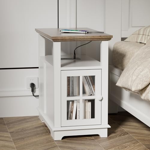 HIFYOBRO Movable End Table with Charging Station/Electric Fireplace/Storage/Wheels, Side Table for Indoor Use (White)