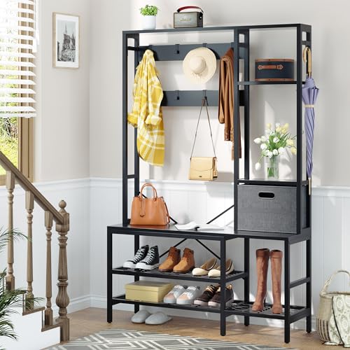 Meilocar Parent-Child Hall Tree with Bench and Shoe Storage, Coat Racks Free Standing, 5-in-1 Hall Tree with Hanging Rod and Hooks for Entrance, Foyer, Mudroom (Gray)