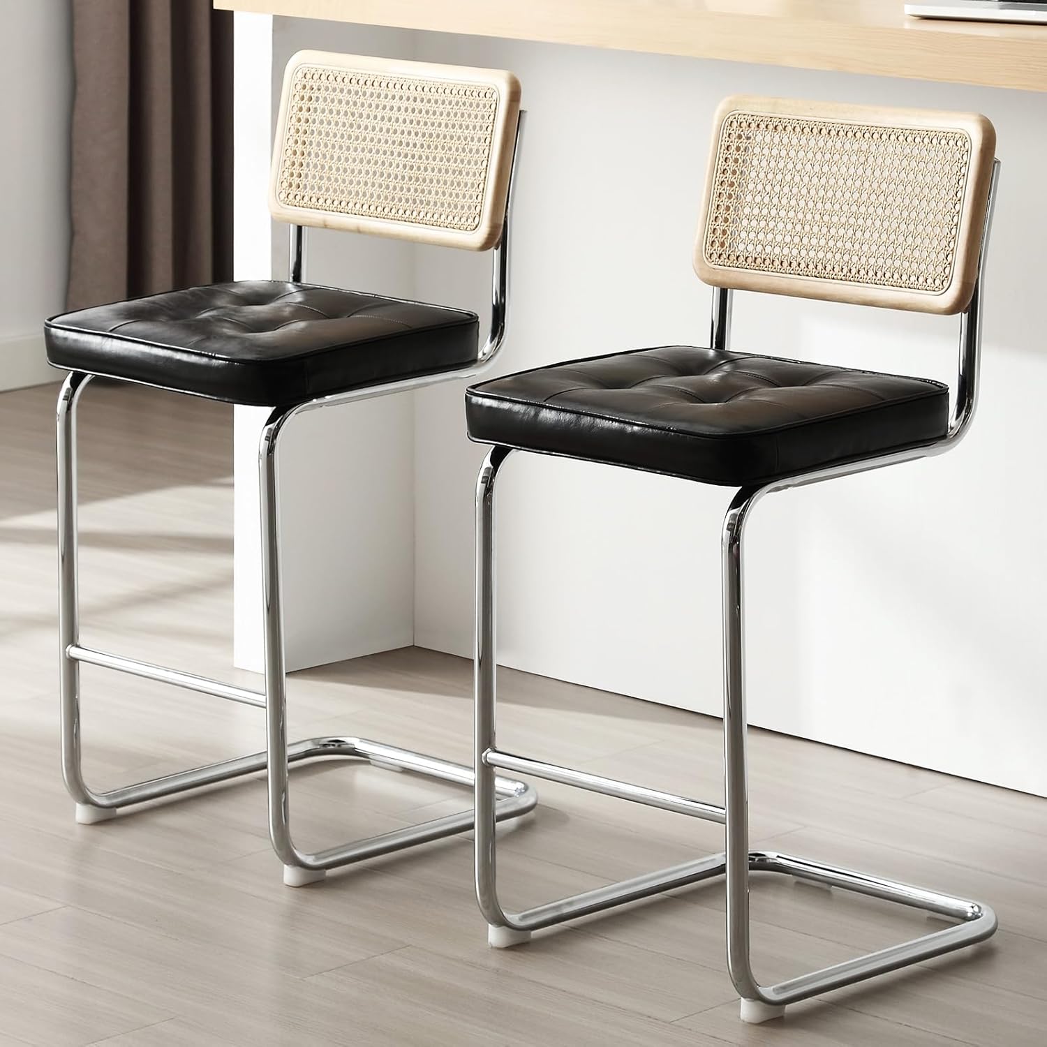 Zesthouse Modern Counter Height Stools, 24'' Natural Rattan Counter Stools Set of 2, Faux Leather Kitchen Stools with Backs, Mid Century Cantilevered Design Counter Chairs Island Stools, Black