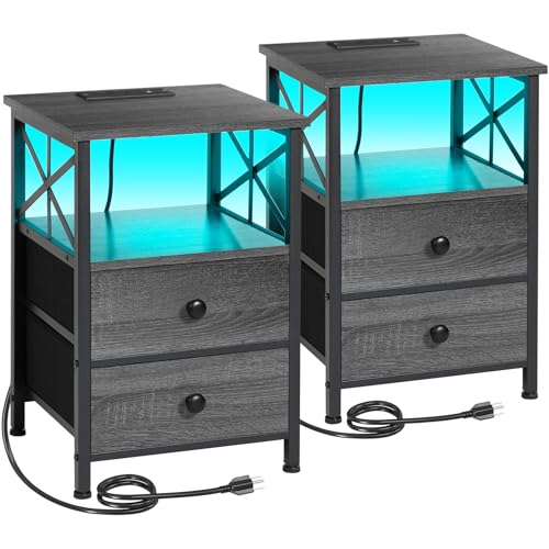 AMHANCIBLE Night Stand Set 2, LED Nightstands for Bedroom Set of 2 with Charging Station, End Table with USB Port and Outlet, Side Table with 2 Storage Drawers for Living Room, Ink Grey HET052LKG