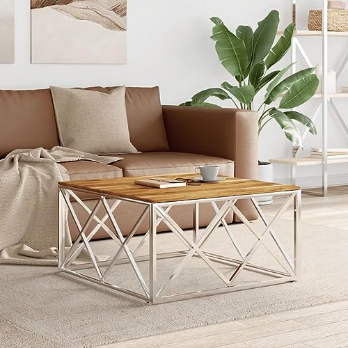 Coffee Table Silver Stainless Steel and Solid Wood Acacia,Modern Coffee Table with Stainless Steel Frame and Acacia Wood Top for Living Room Accent Coffee Tables for Home & Kitchen