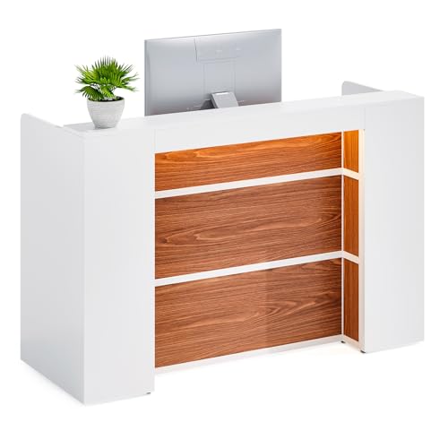 63 Inches Reception Desk, Modern Reception Table with LED Light, Front Counter Desk, Wooden Checkout Counter for Lobbies, Salons, Retail, Home Offices, Reception Room, Black & Brown