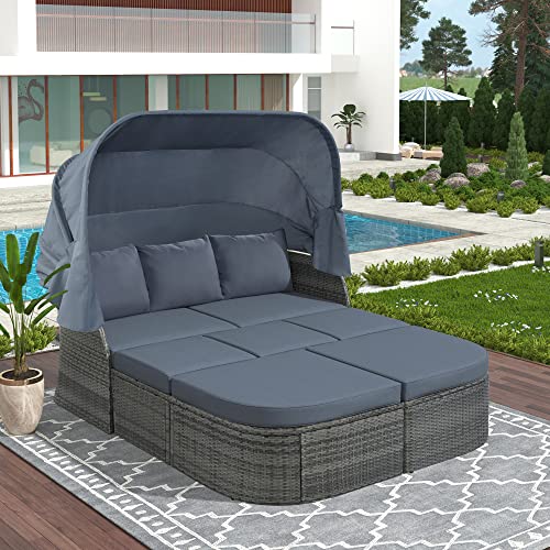 LUMISOL Outdoor Sunbed with Retractable Canopy, All Weather Rattan Conversation Set, Patio Wicker Daybed Sectional Conversation Lounger Set, Adjustable Seats, Blue