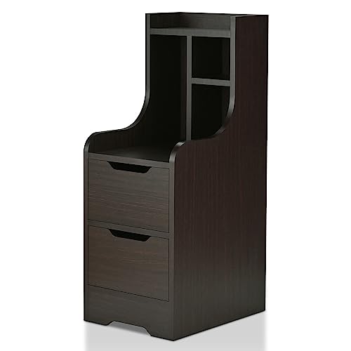 24/7 Shop at Home Alaric Modern 2-Drawer Wood Nightstand, Bedside Table with Open-Shelf for Bedroom, Living Room, Home Office, Walnut Brown