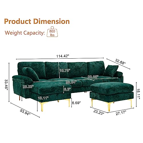 Sectional Sofa, Convertible U Shaped Couch Bed with Reversible Chaise & Movable Ottoman, Velvet L Shaped Cloud Couches for Living Room, White