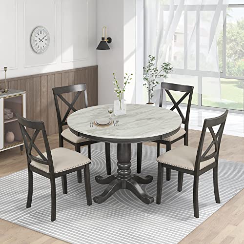 5 Pieces, Farmhouse Rustic Round 4 Chairs, Minimalist Style Solid Wood Table Set, for Dining Room, Kitchen, Gray, OneSize