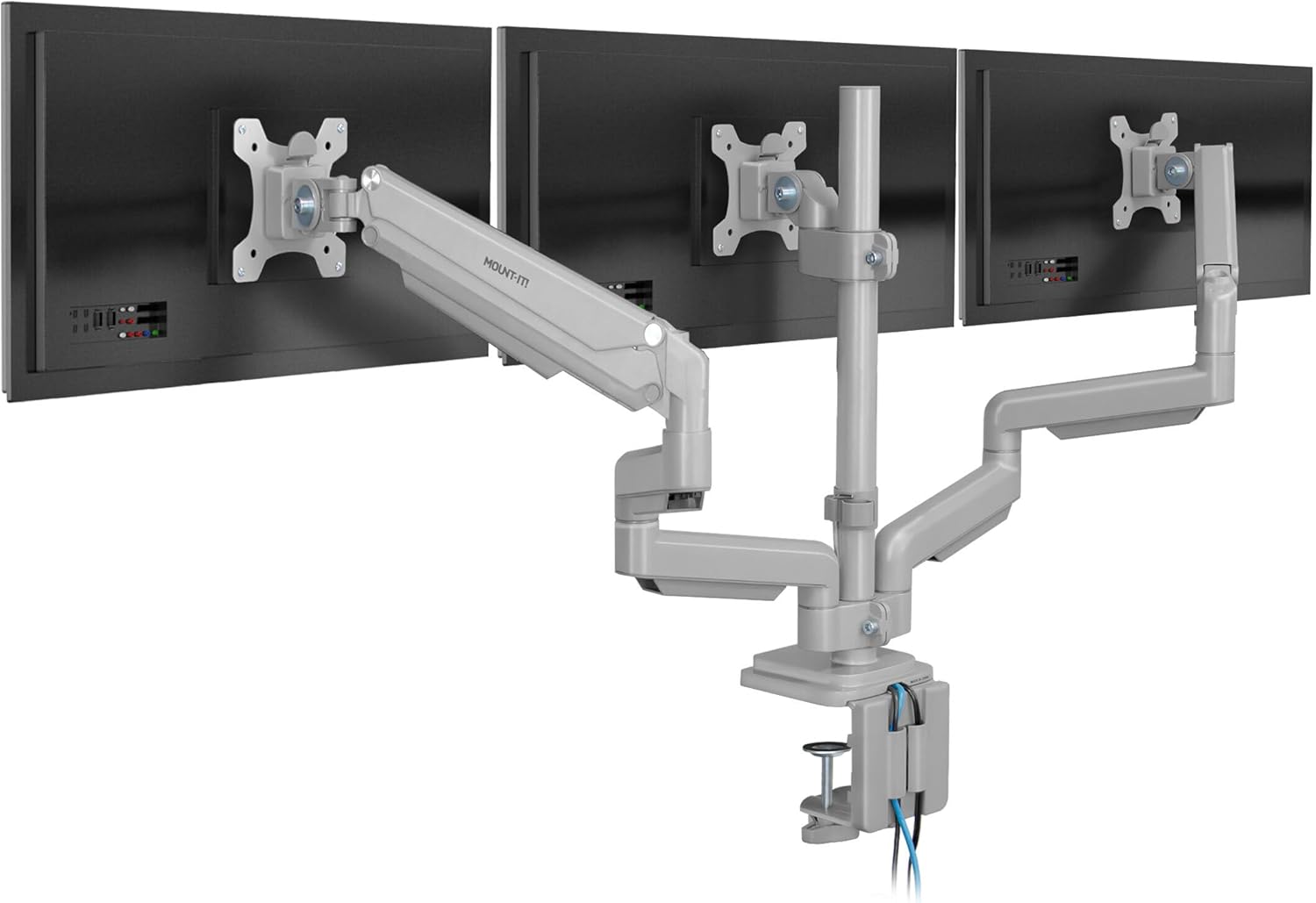 Mount-It! Triple Monitor Mount with USB and Audio Ports, 3 Monitor Desk Mount, Balanced Height Adjustable Triple Monitor Stand for Three Computer Screens 24 27 30 32 Inch VESA Screens, Gaming, Office