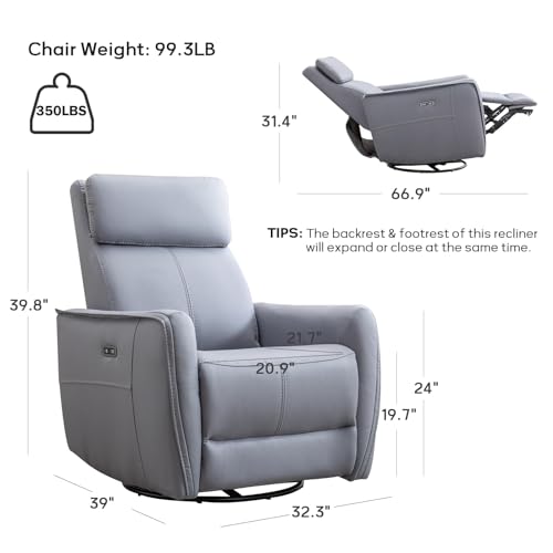 Phoenix Home Power Rocker Chair with USB Ports, Electric 270° Swivel Glider Recliner, Grey