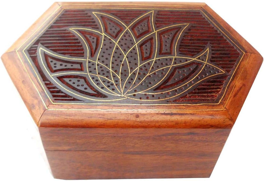 Elegant Design Hand Made Indian Brass Inlay Sheesham Wood Jewelry Box - Size 5