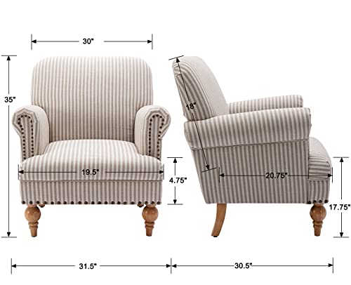 Kmax Linen Fabric Accent Chair Mid Century Modern Sofa Chair Comfy Lounge Chair with Nailhead Arm Wood Legs Upholstered Seat for Living Room Bedroom, Blue Stripe