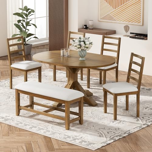 Farmhouse 6-Piece 60inch Extendable Pedestal Dining Table Set with 18inch Removable Leaf, Wood Kitchen Table Set with 4 Ladder Back Dining Chairs for Home, Kitchen, Dining Room (Dark Brown-44c)