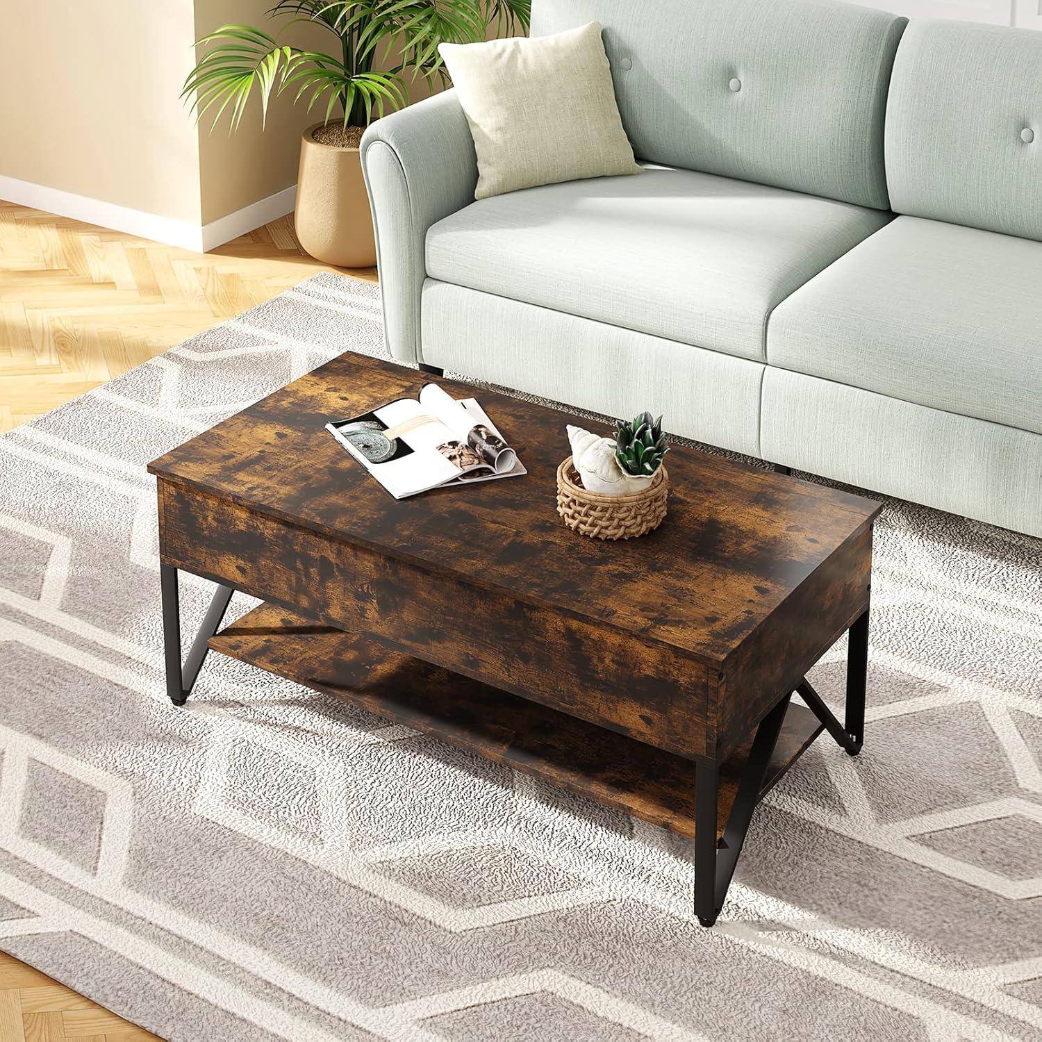 Novilla Lift Top Coffee Table with Hidden Compartment and Storage Shelf Wooden, Retro Central Table with Wooden Lift Tabletop for Living Room Home Office, Rustic Brown