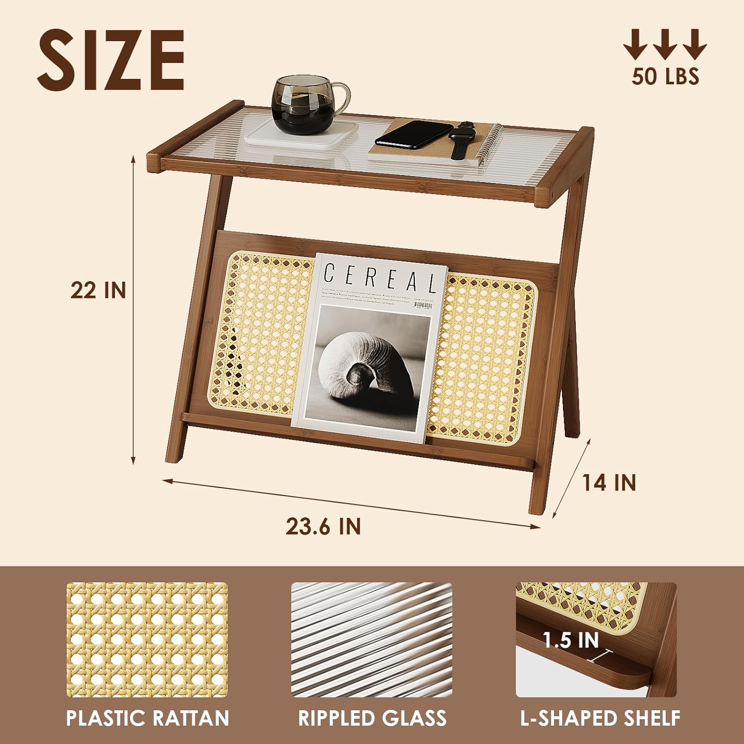 Bamworld 23.6'' L Rattan Side Table Boho NightStand Mid Century Modern End Table Glass Bedside Table Small End Tables Bamboo Coffee Table with Storage Record Player Stand for Living Room Bedroom